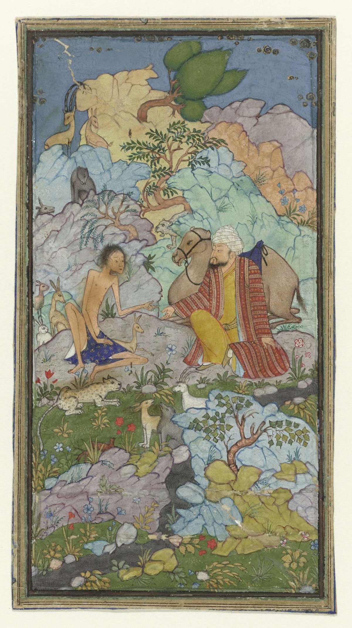 Episode from the love story of Laila and Majnun, the emaciated Majnun sits in a landscape with a man and his camel, anonymous, c. 1500 - c. 1700