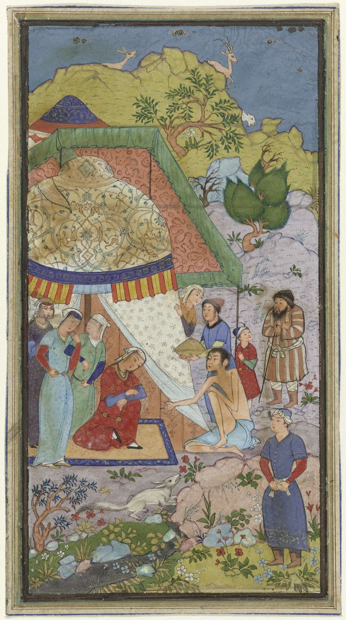 Episode from the love story of Laila and Majnun, Majnun in conversation with Laila in front of a tent, anonymous, c. 1500 - c. 1700