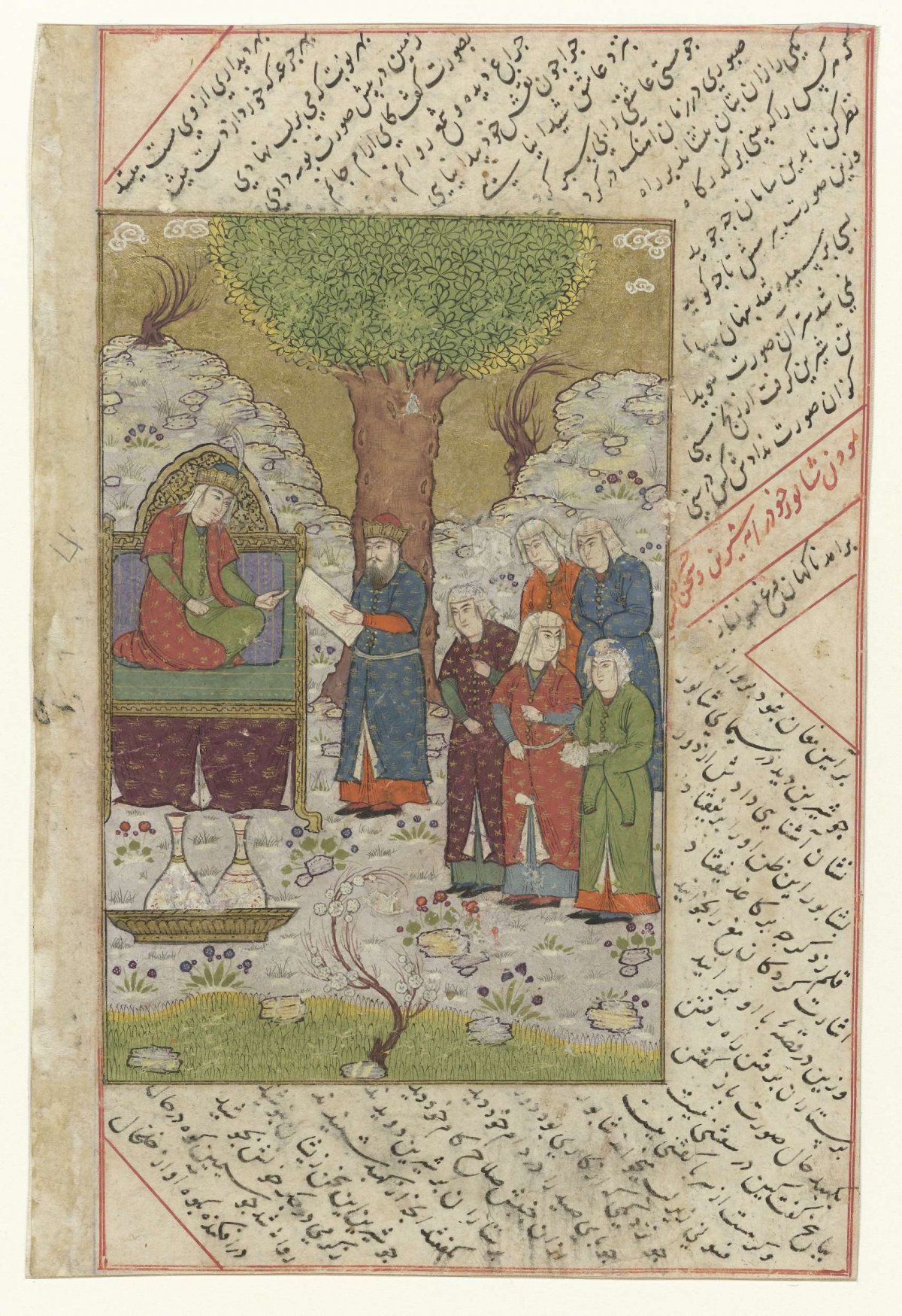 Woman on a throne addressing a man, behind him five servants, anonymous, 1500 - 1600