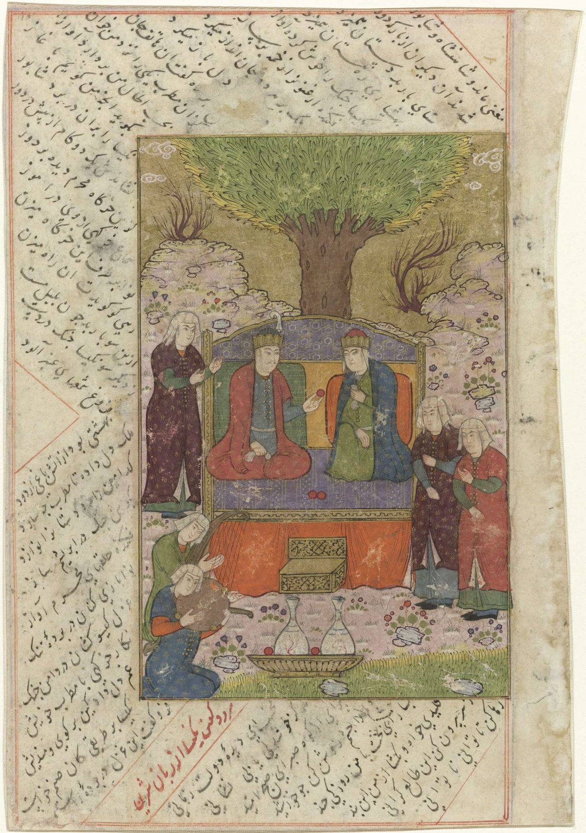 Man and woman on a throne in a garden, in front of them two musicians and three servants, anonymous, 1500 - 1600