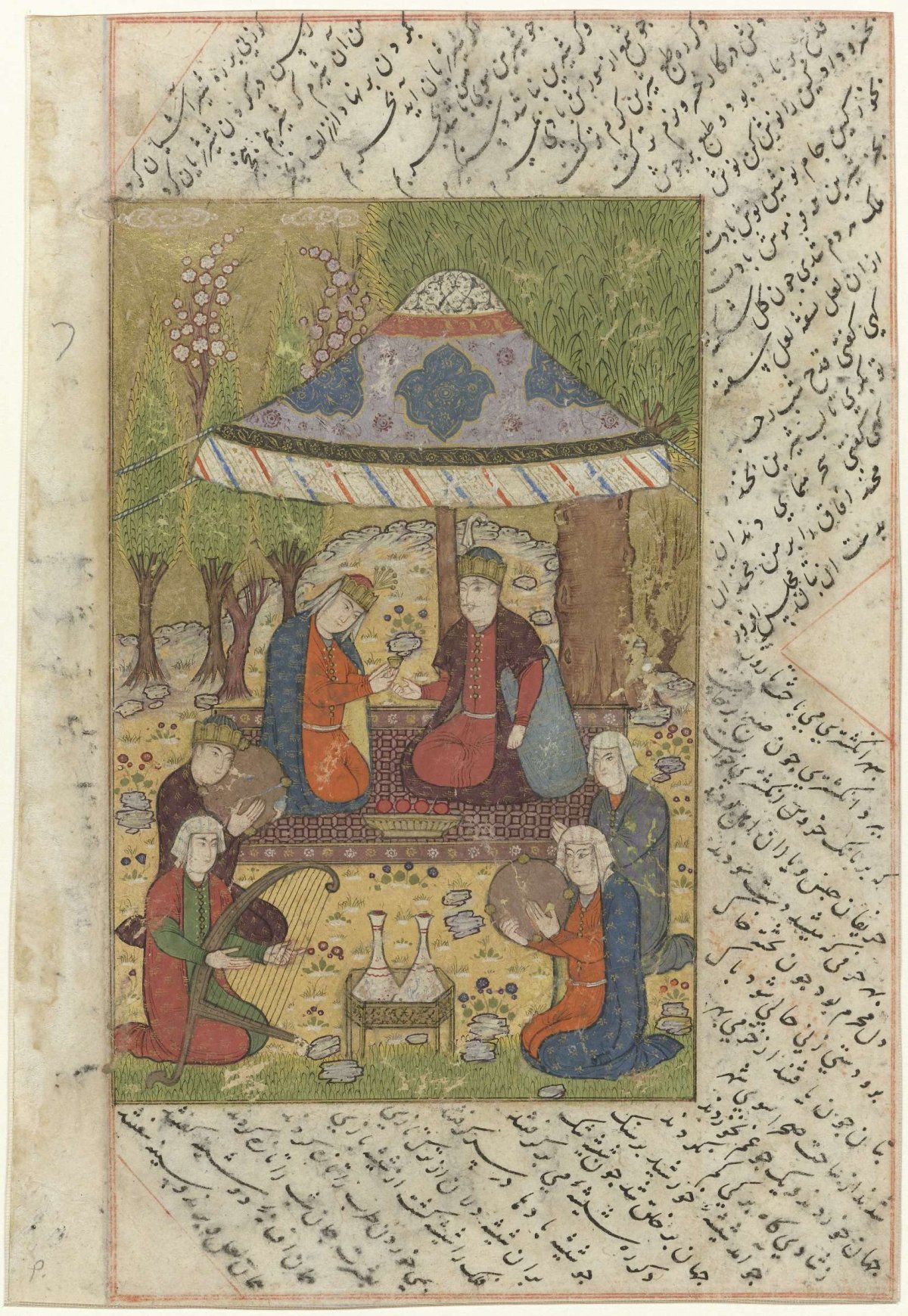 Man and woman under a canopy in a garden, in front of them four musicians, anonymous, 1500 - 1600