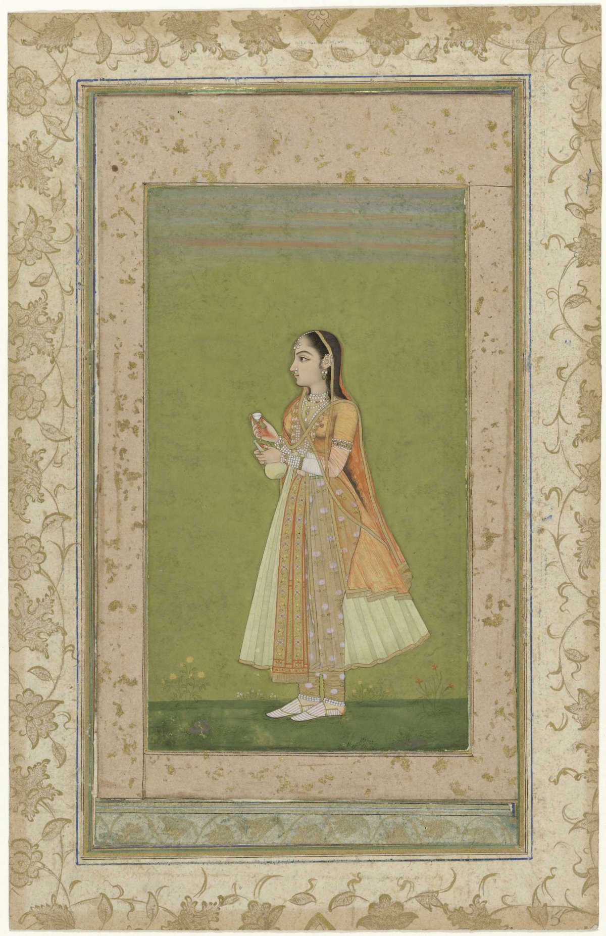 Standing woman with decanter and drinking bowl, anonymous, c. 1740