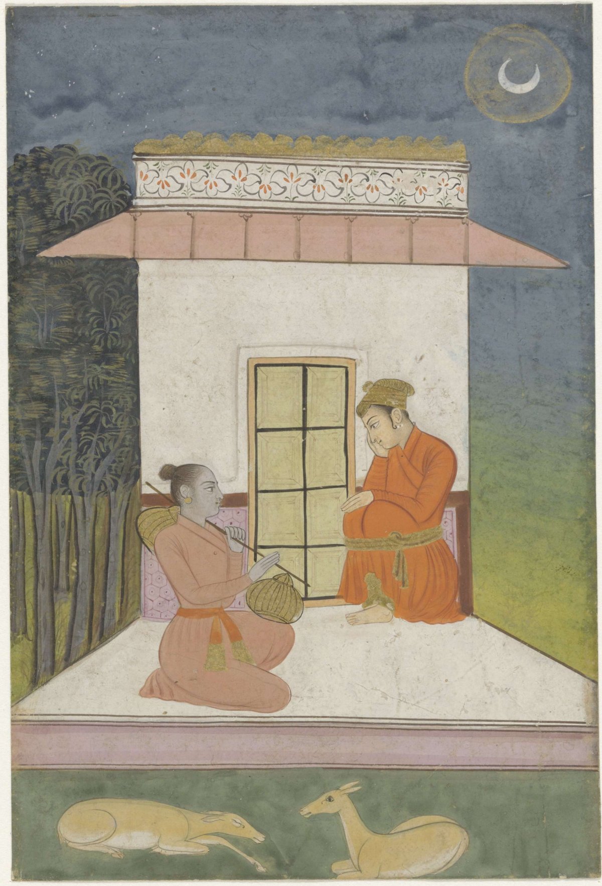 Kedara raga, man and woman sitting in front of a small building, anonymous, 1775 - 1800