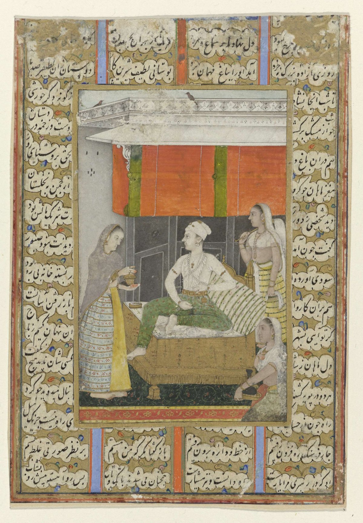 Raga, a man sitting on a bench is surrounded by three women, anonymous, c. 1775