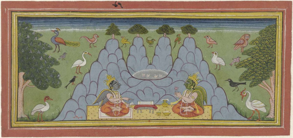 Two birds, sitting on a mountain, reading a sacred text, anonymous, 1700 - 1799