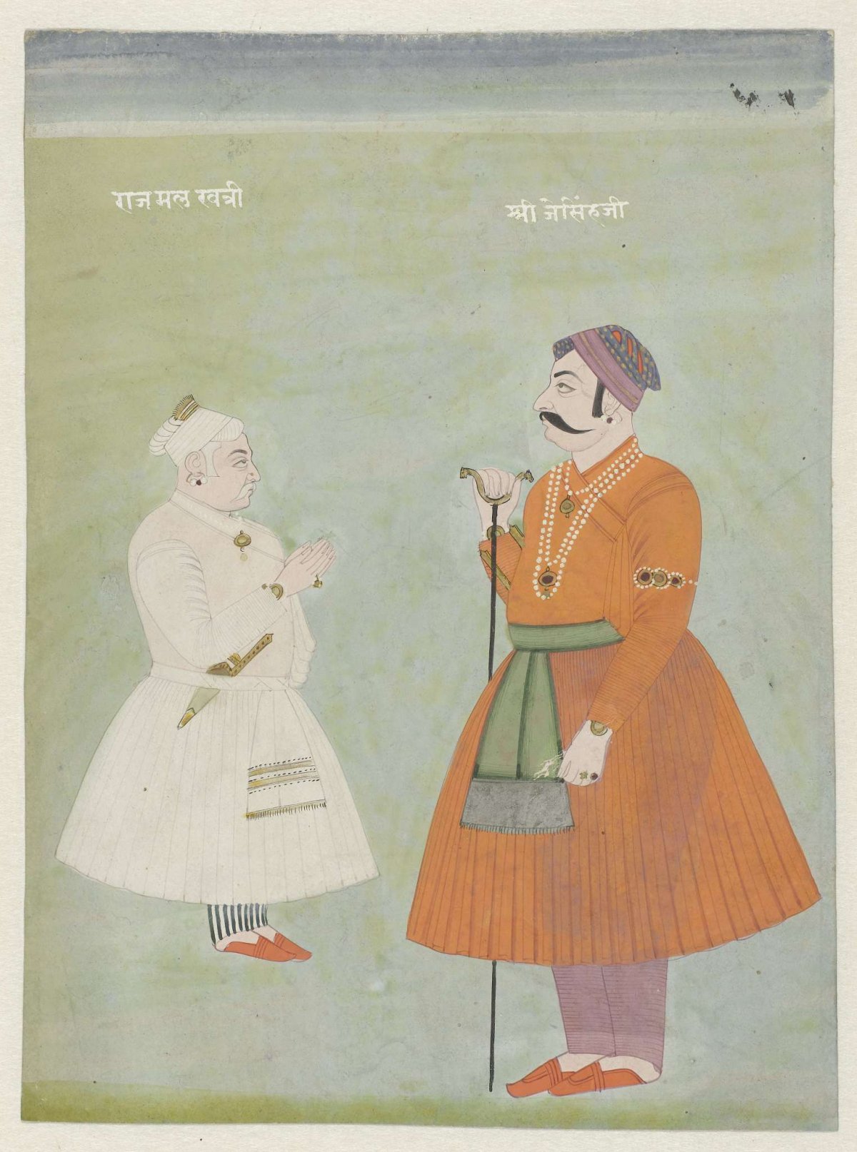 Two standing nobles in Mogul attire with their names above them, anonymous, 1800 - 1899