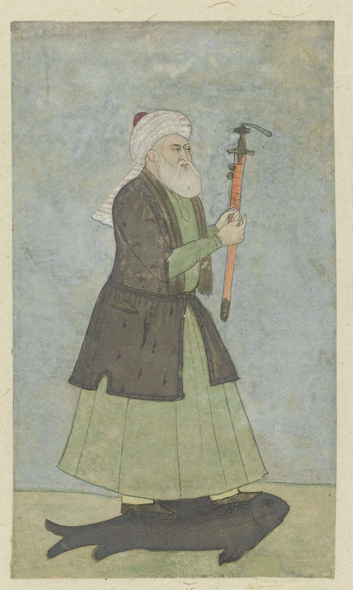 Saint Khwaja Khadir with a sword in his hand. standing on a fish, anonymous, 1800 - 1899