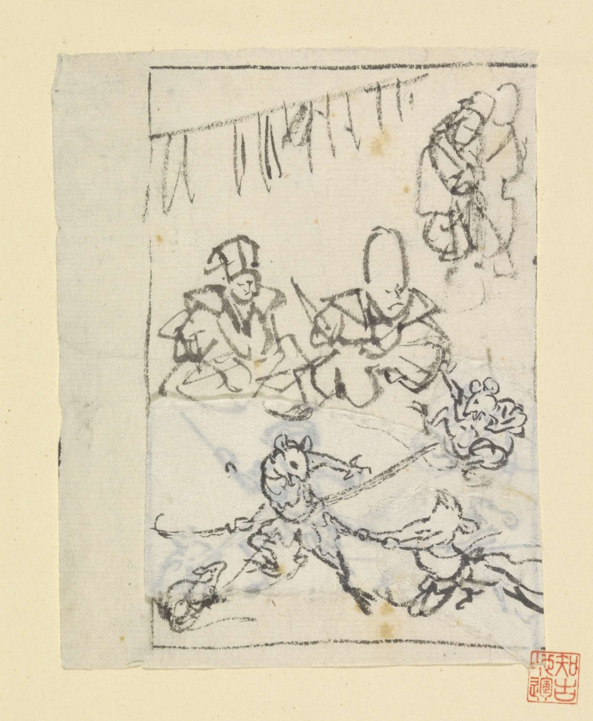 Daikoku and Fukurokuju watch a mouse fight, anonymous, 1700 - 1900