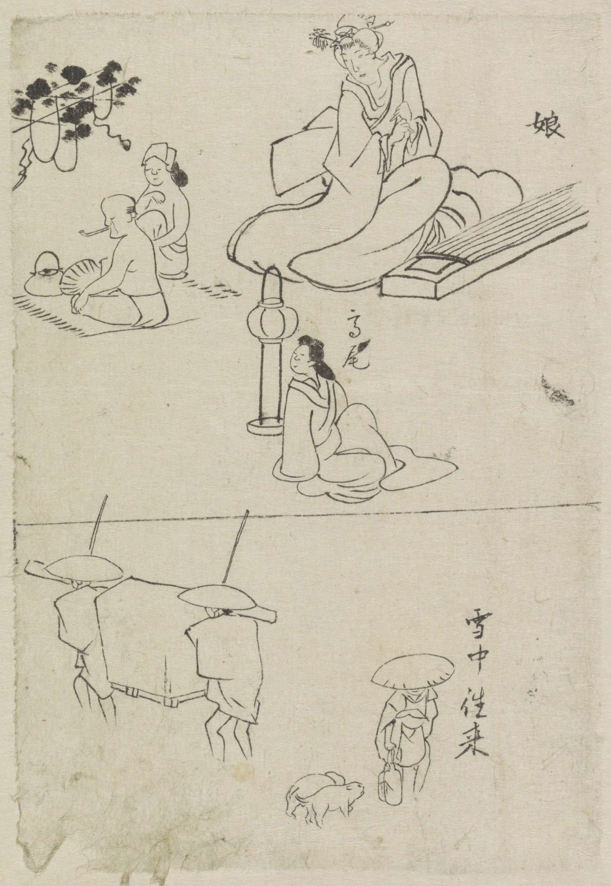 Various representations, including a lady wearing a koto, a seated lady and two men, anonymous, 1800 - 1900