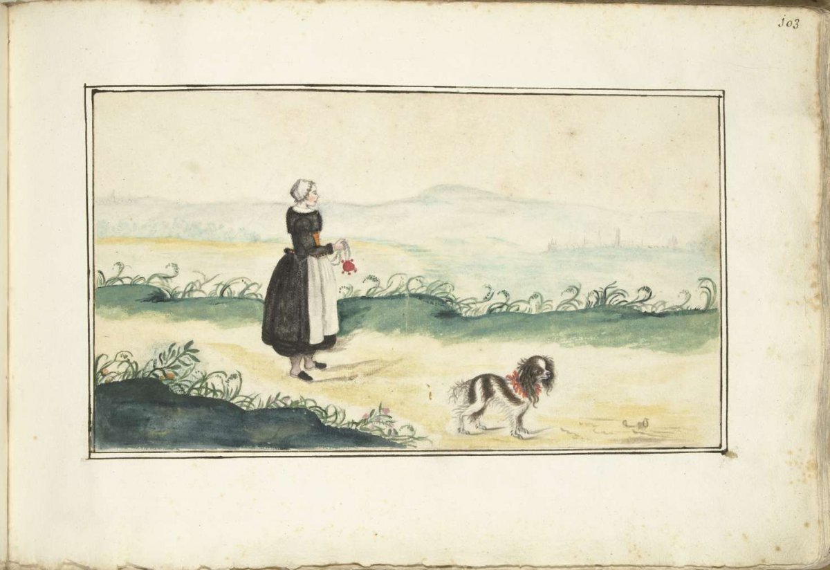 Farmer's wife and dog in a landscape, Anna Cornelia Moda, c. 1679