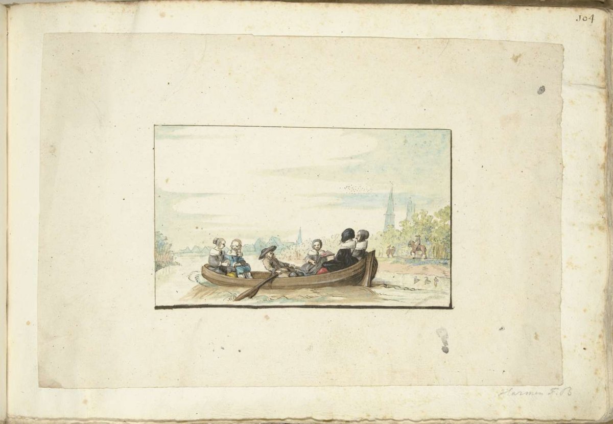 Company of six people in a boat on the Zwolle canal, Harmen ter Borch, c. 1655