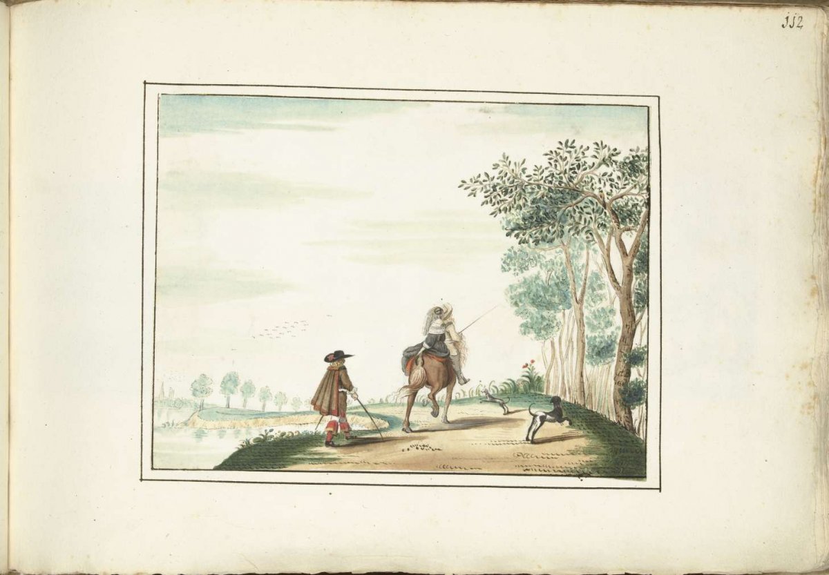 Lord and lady on horseback and a pedestrian in a landscape, Gesina ter Borch, 1654