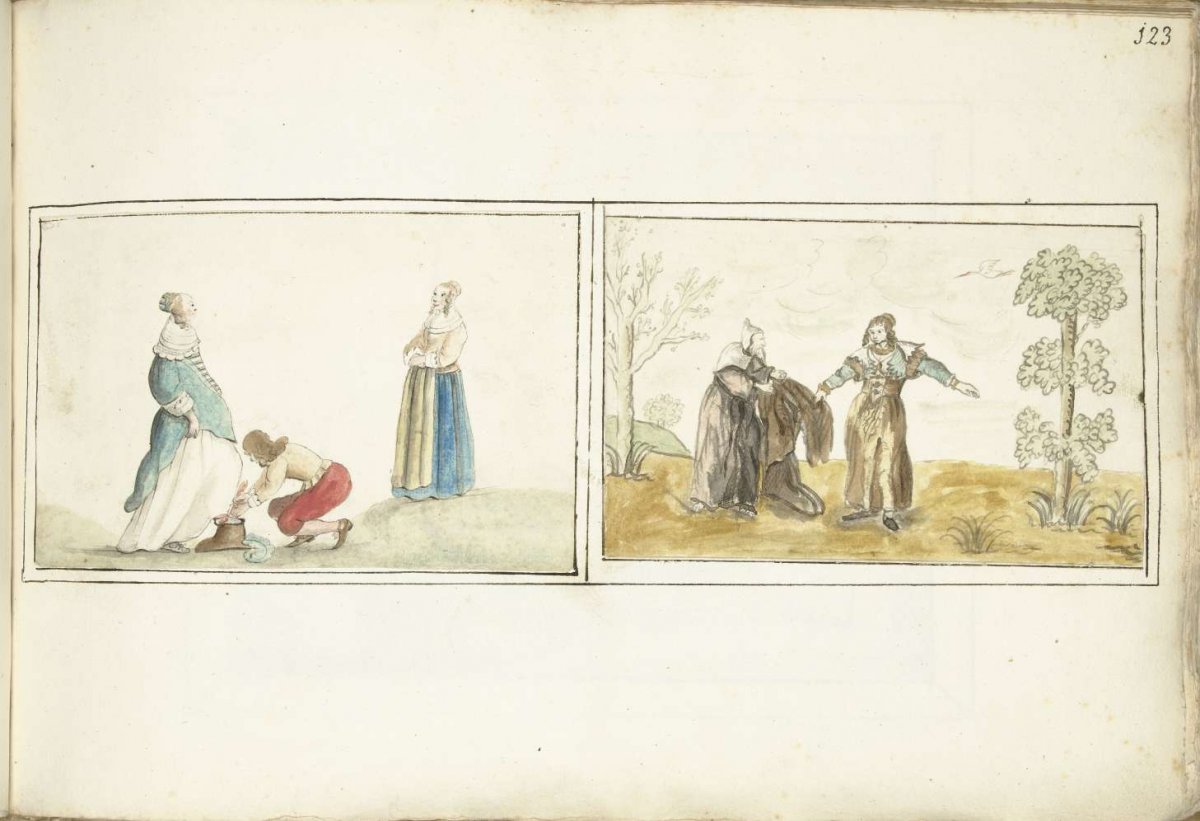 Lord tying a shoe and hermit indicating a cloak, Gesina ter Borch, c. 1641 - before 1653