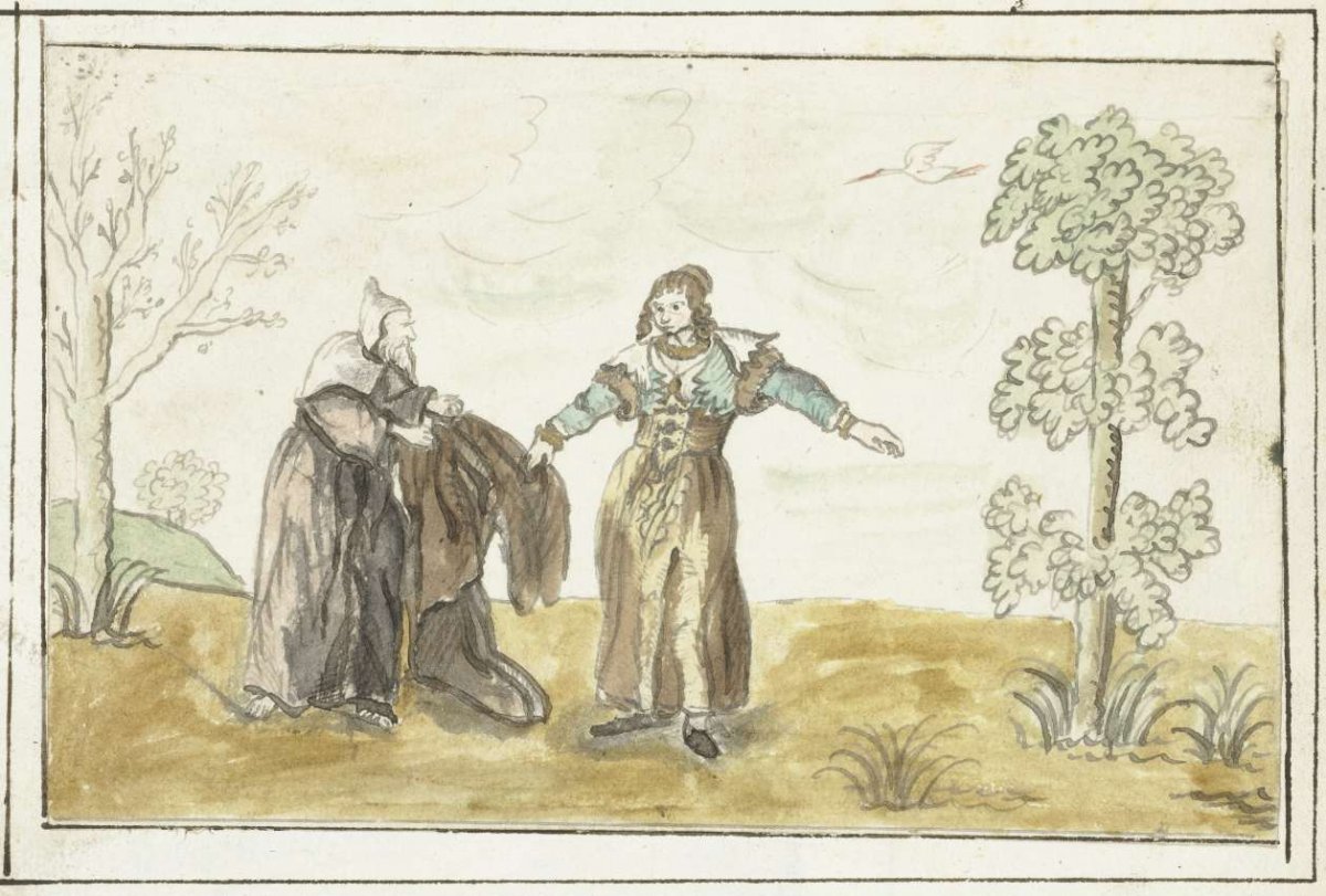 Hermit gives a lady his cloak, Gesina ter Borch, c. 1641 - before 1648