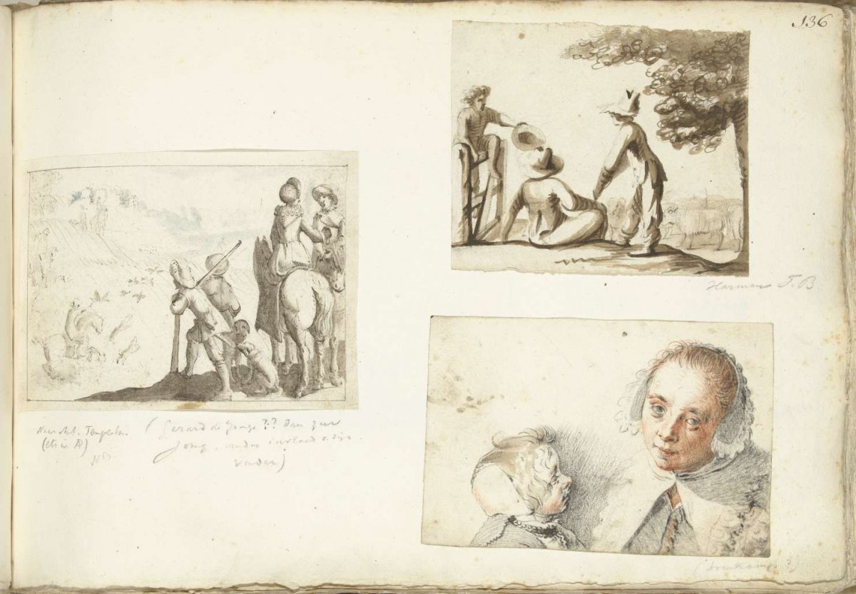 Hunters with falcons, shepherd boys and wife and child, Harmen ter Borch, 1594 - 1681