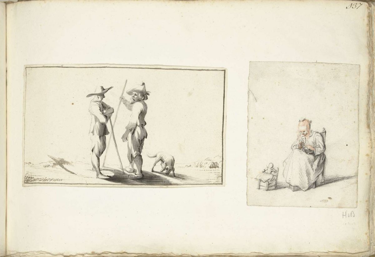 Two standing men and a sewing girl, Harmen ter Borch, 1648 - 1677