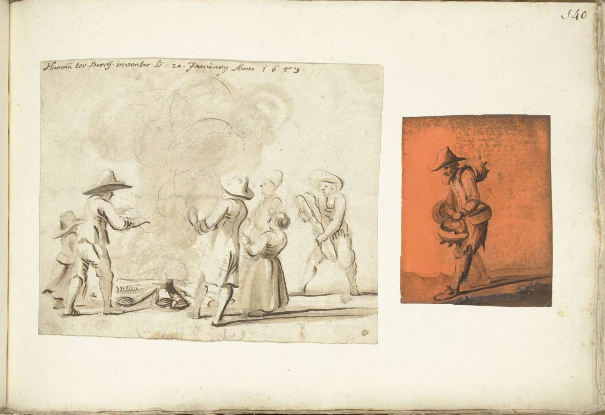 Group of figures around a fire and a kettle peddler, Harmen ter Borch, 1651 - 1653