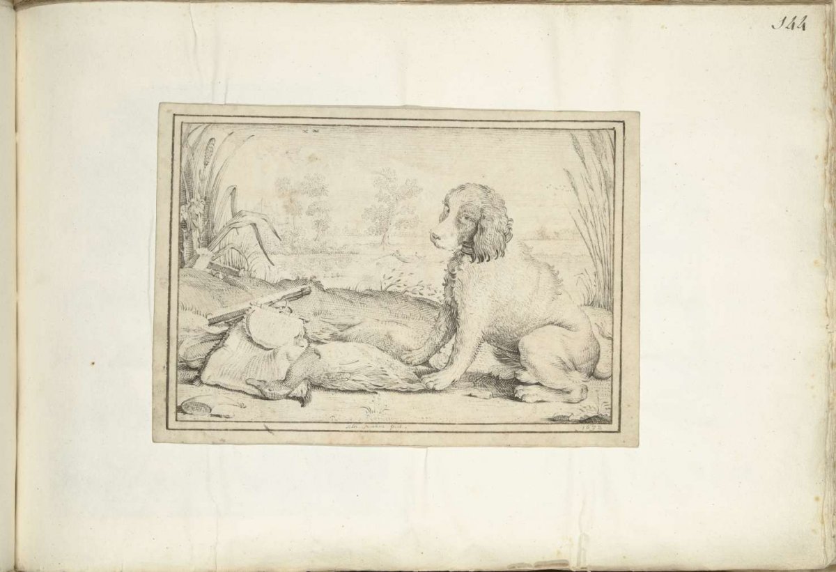 Dog next to hunting equipment and loot in landscape, Adriaen Matham, 1632