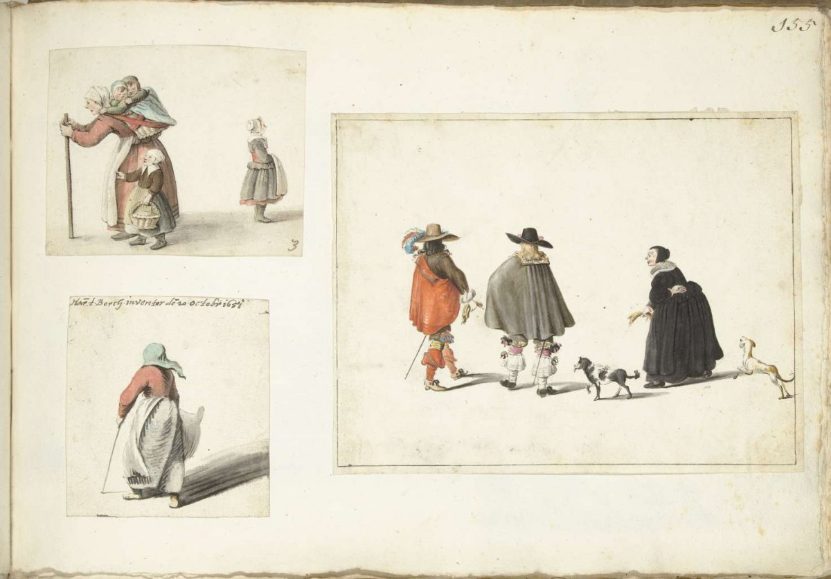 Woman with children, a woman walking and a woman talking with two men, Gesina ter Borch, 1651 - 1655