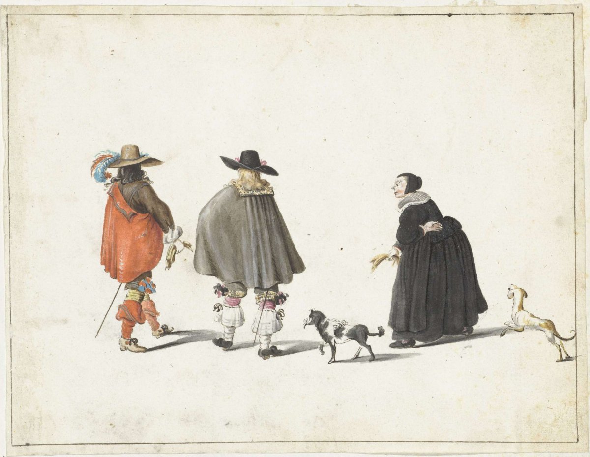 Woman in black, accompanied by two little dogs, talking with two gentlemen, Gesina ter Borch, 1654 - 1655