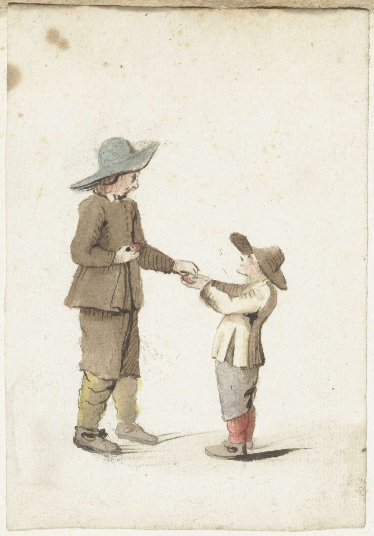 Boy gives an apple to a younger boy, Gesina ter Borch, 1645 - 1650