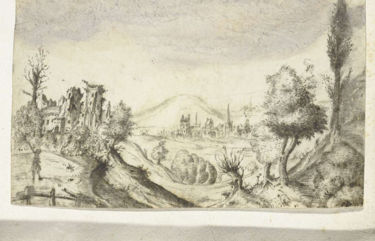 Hilly landscape with hunter and ruin, anonymous, c. 1600