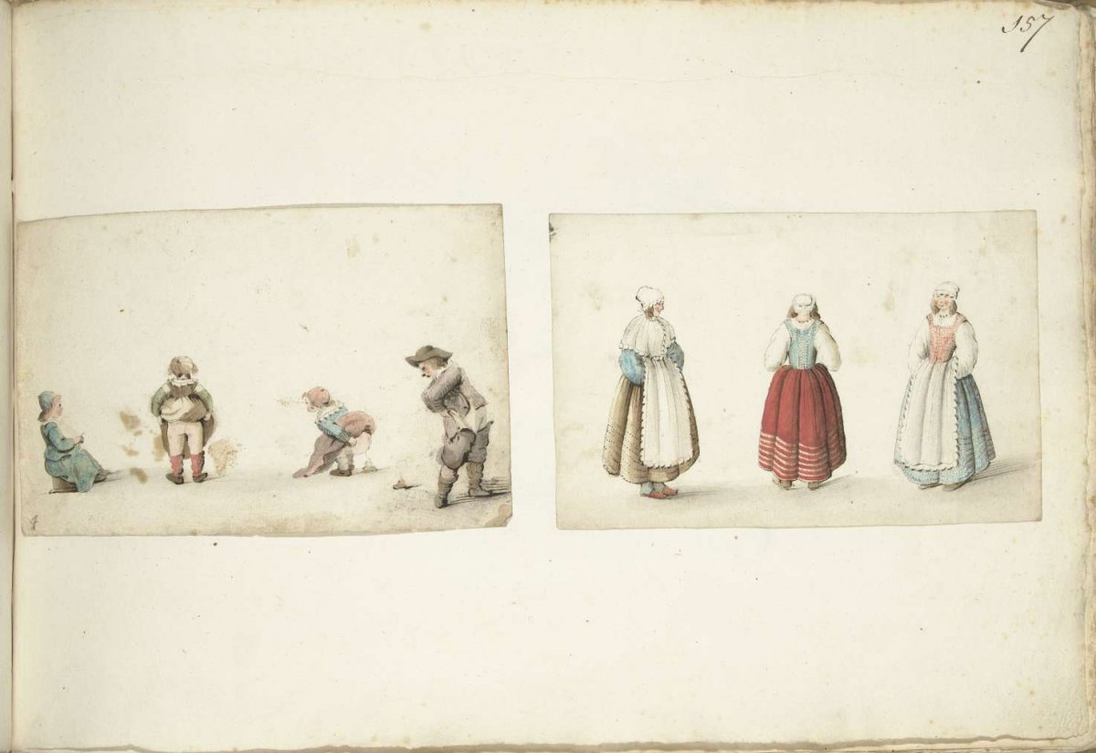 Four children going about their business and three standing women, Gesina ter Borch, c. 1646 - c. 1654