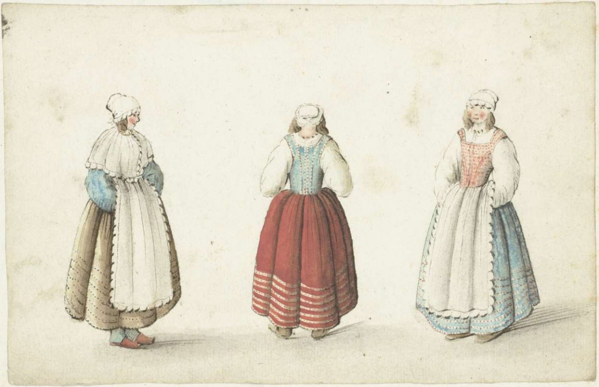 Three standing women, Gesina ter Borch, c. 1646 - c. 1654