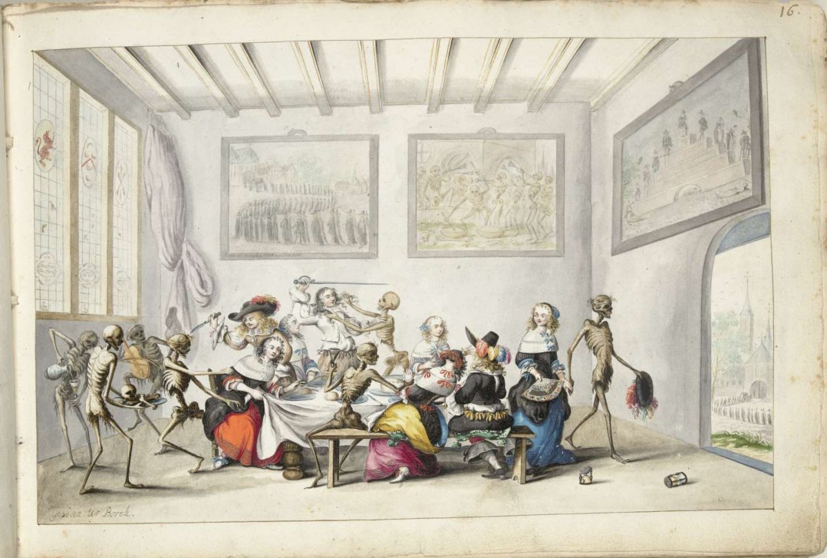 Merry company disturbed by death, Gesina ter Borch, 1660