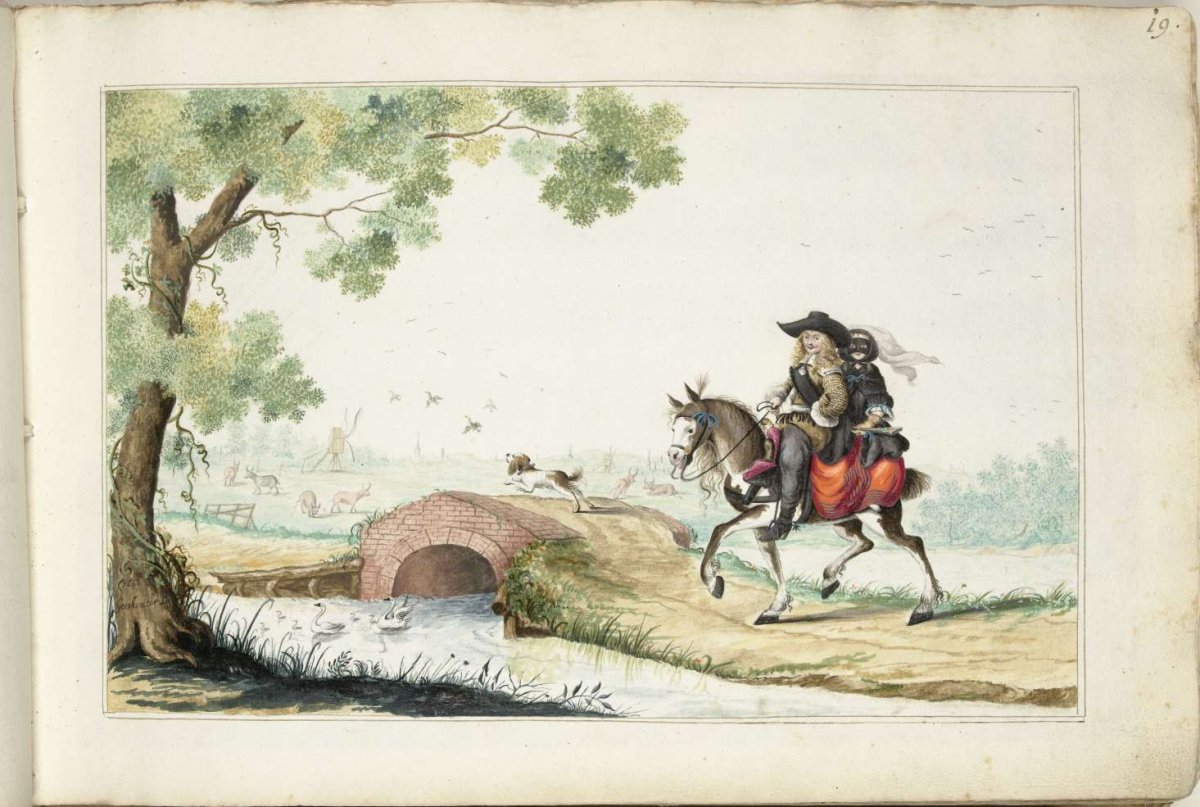 Man and masked woman on horseback, Gesina ter Borch, 1660