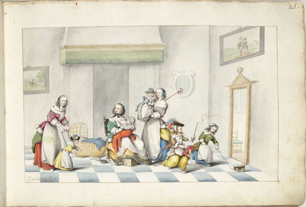 Children's room with three women and children, Gesina ter Borch, c. 1660 - c. 1661