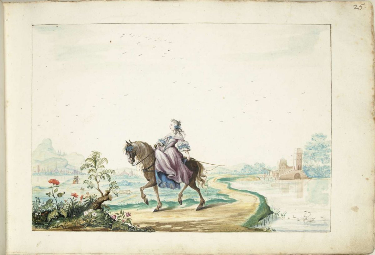 Woman on horseback in a landscape, Gesina ter Borch, 1660