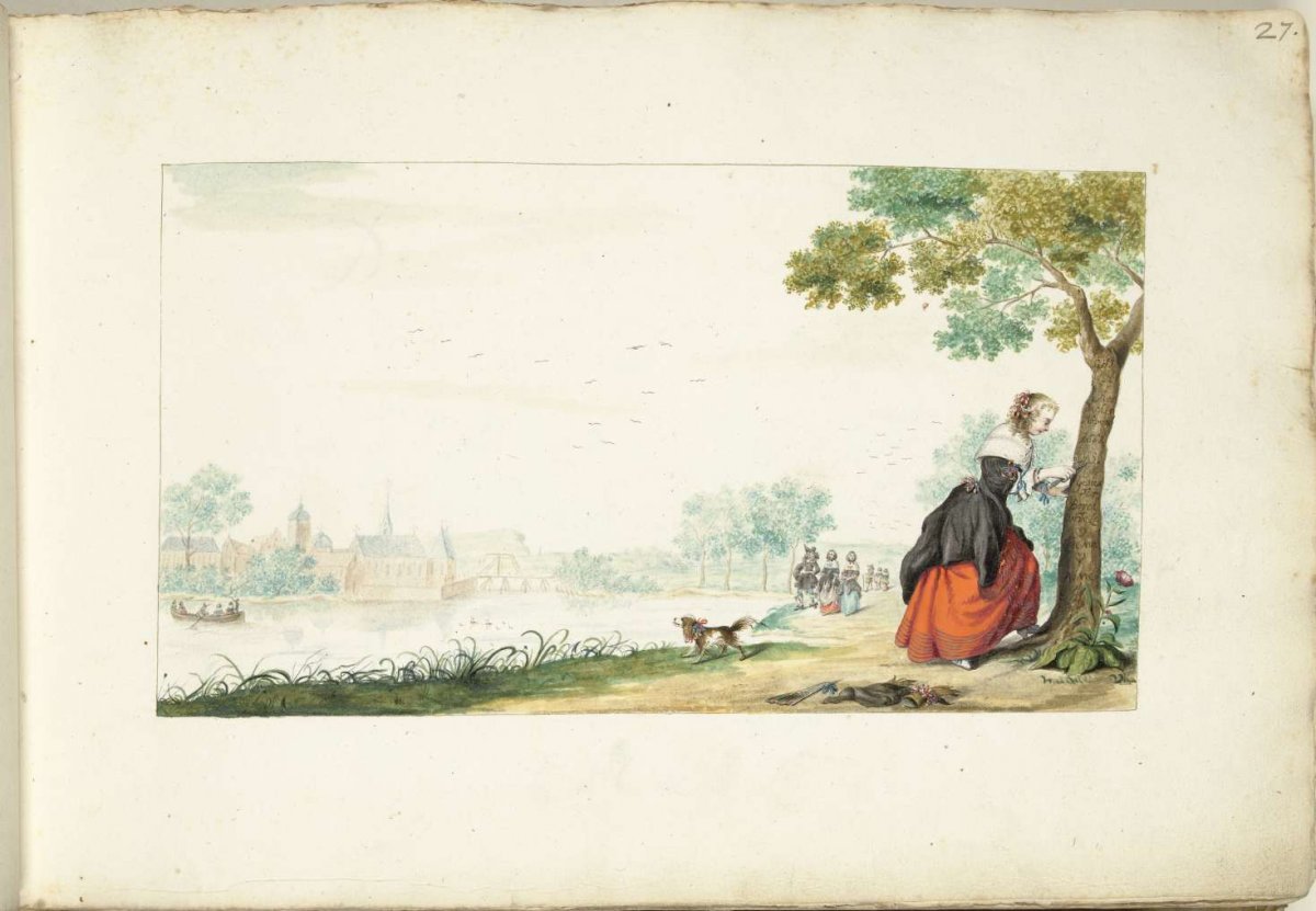 Woman engraving names in a tree, Gesina ter Borch, 1661