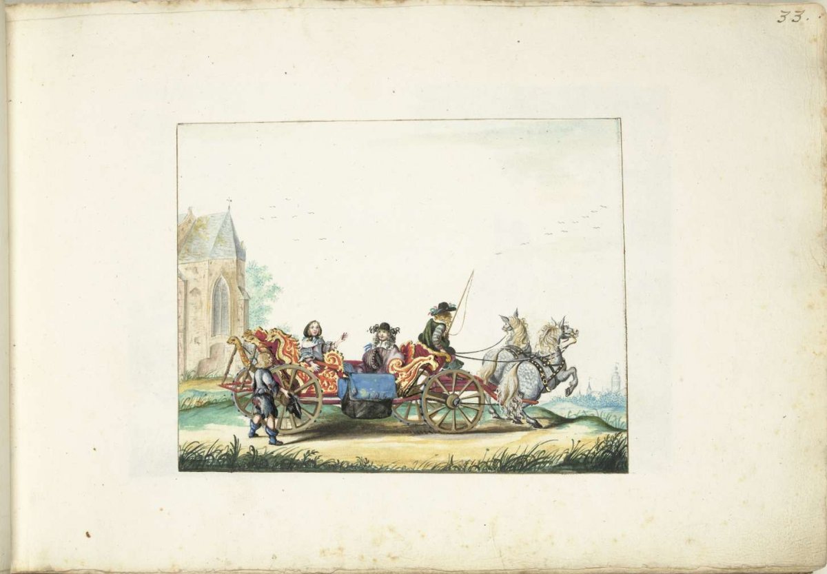 Little boy begging by the carriage of an elegant couple, Gesina ter Borch, 1660 - c. 1687