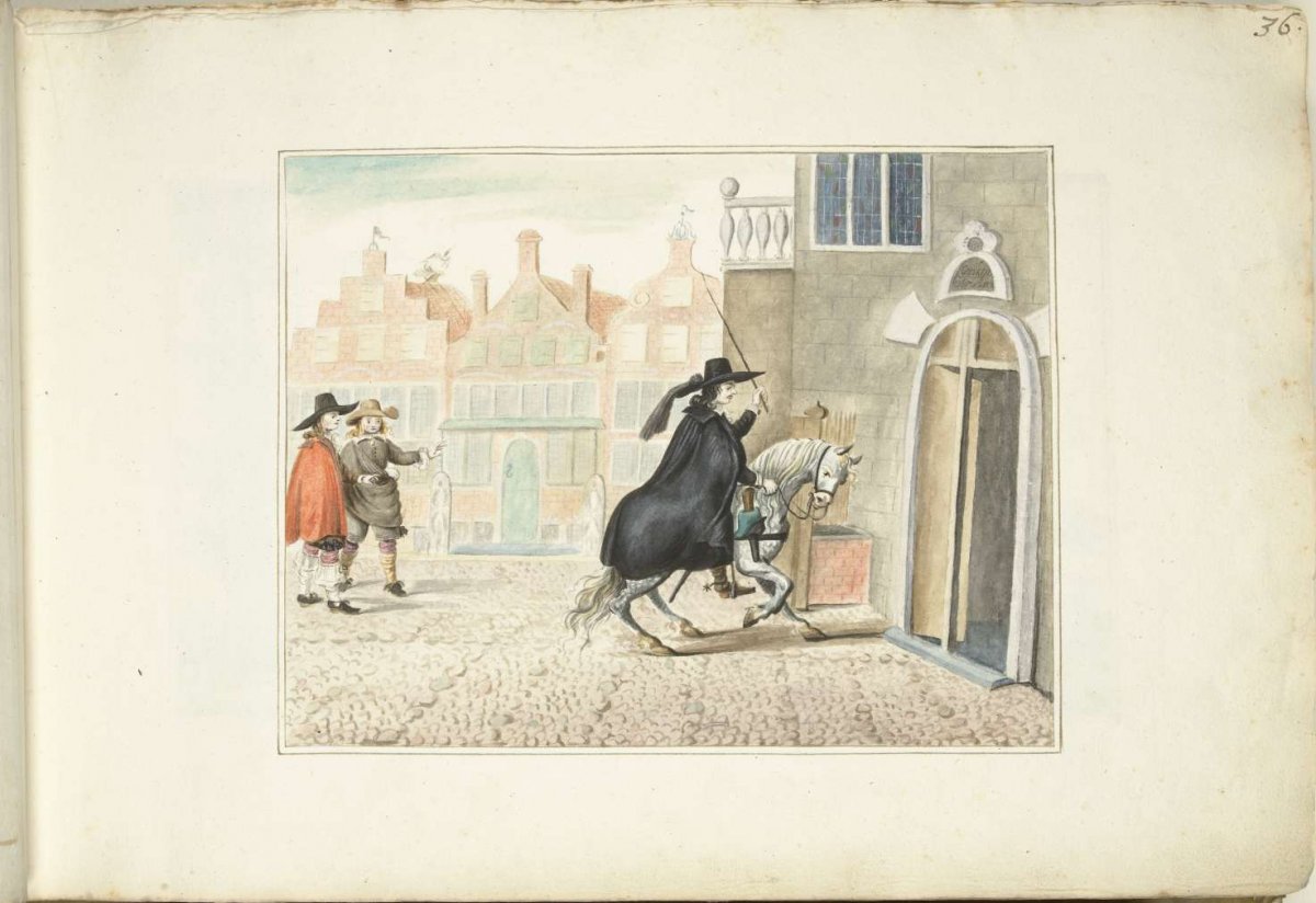 Rider on horseback at the entrance of a public building, Gesina ter Borch, 1656