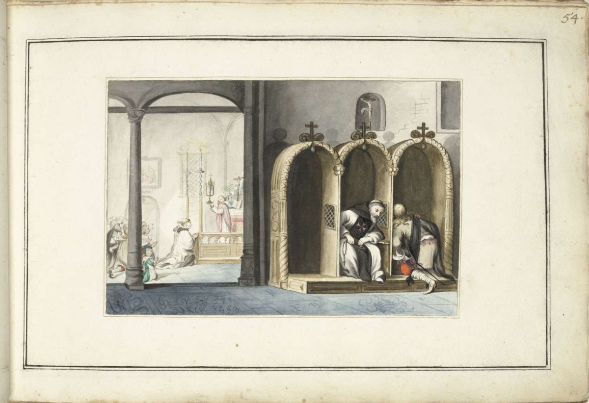 Church interior with confessional, Gesina ter Borch, 1658