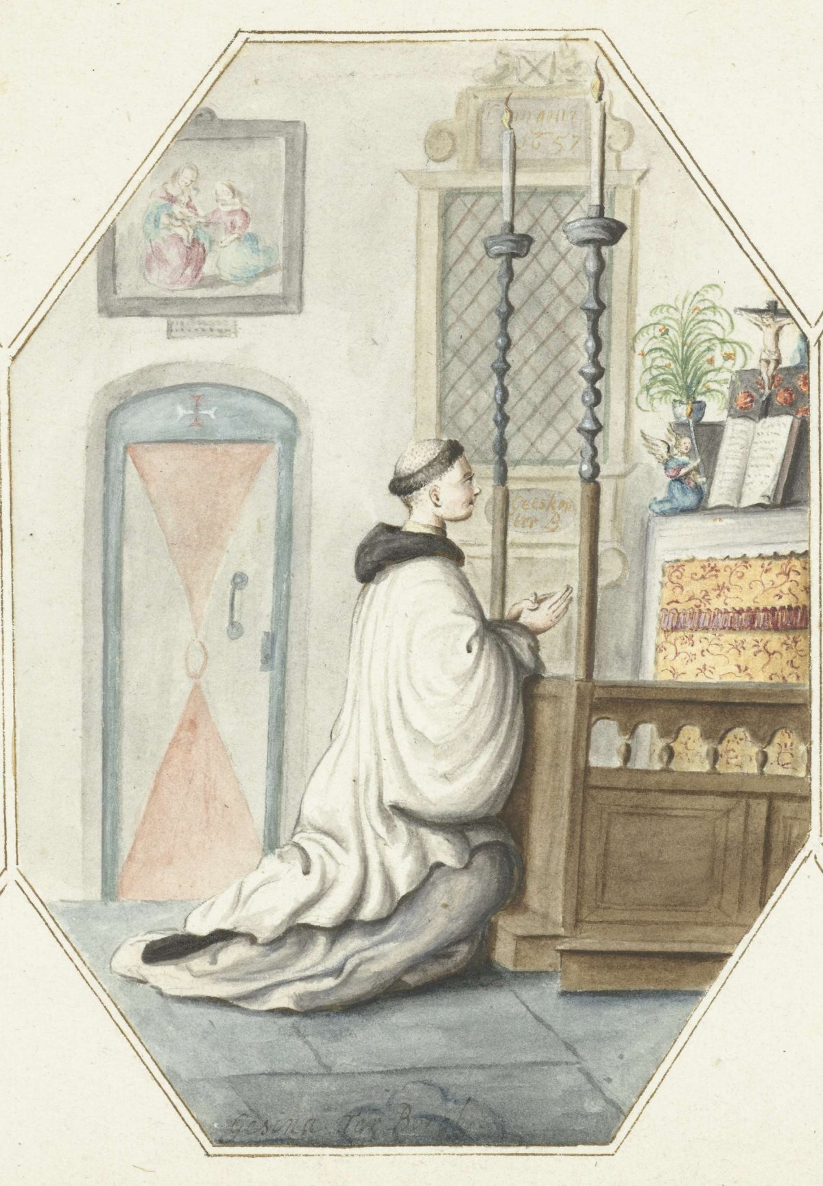 Kneeling brother at an altar, Gesina ter Borch, 1657