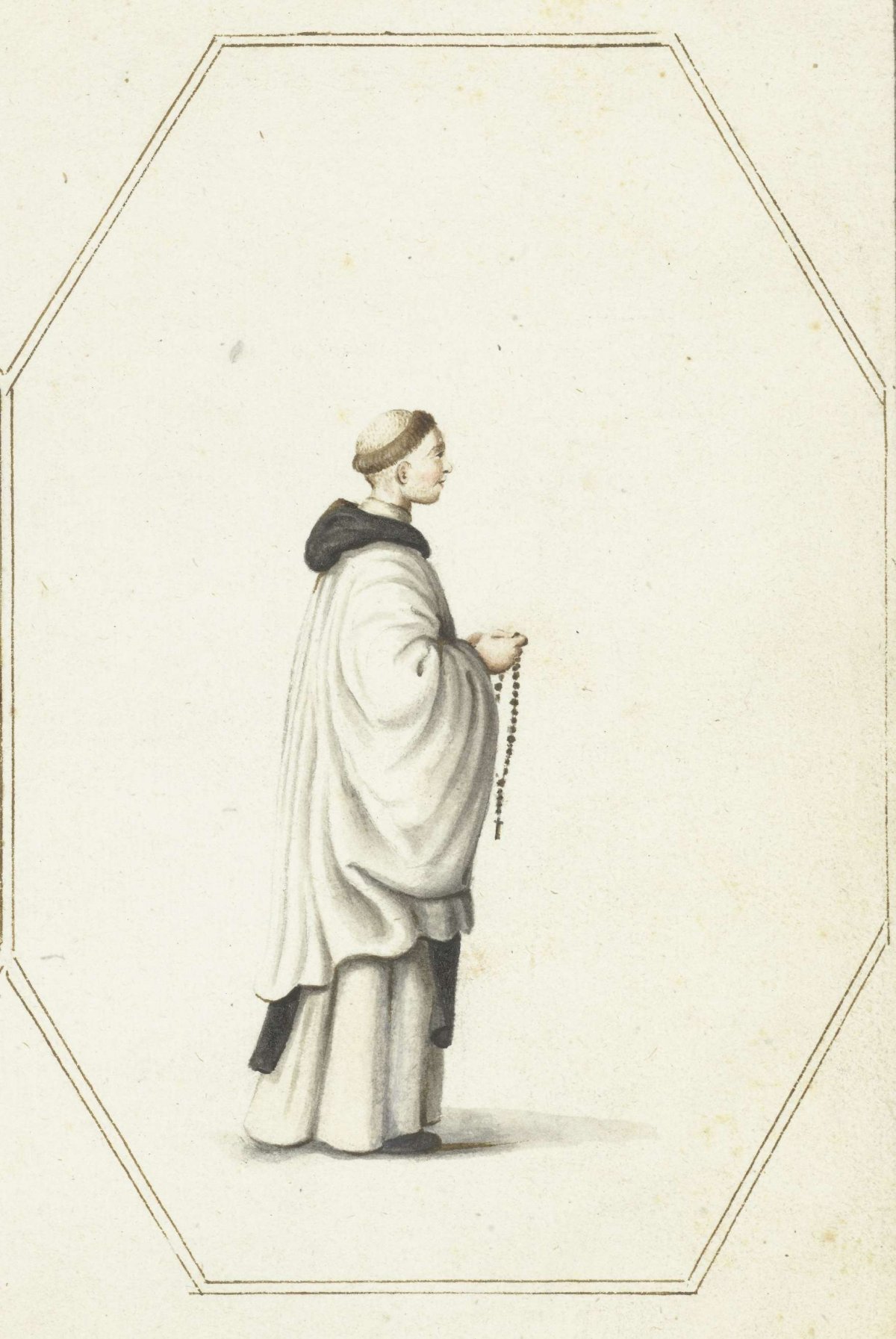 Standing friar with a rosary, Gesina ter Borch, c. 1657