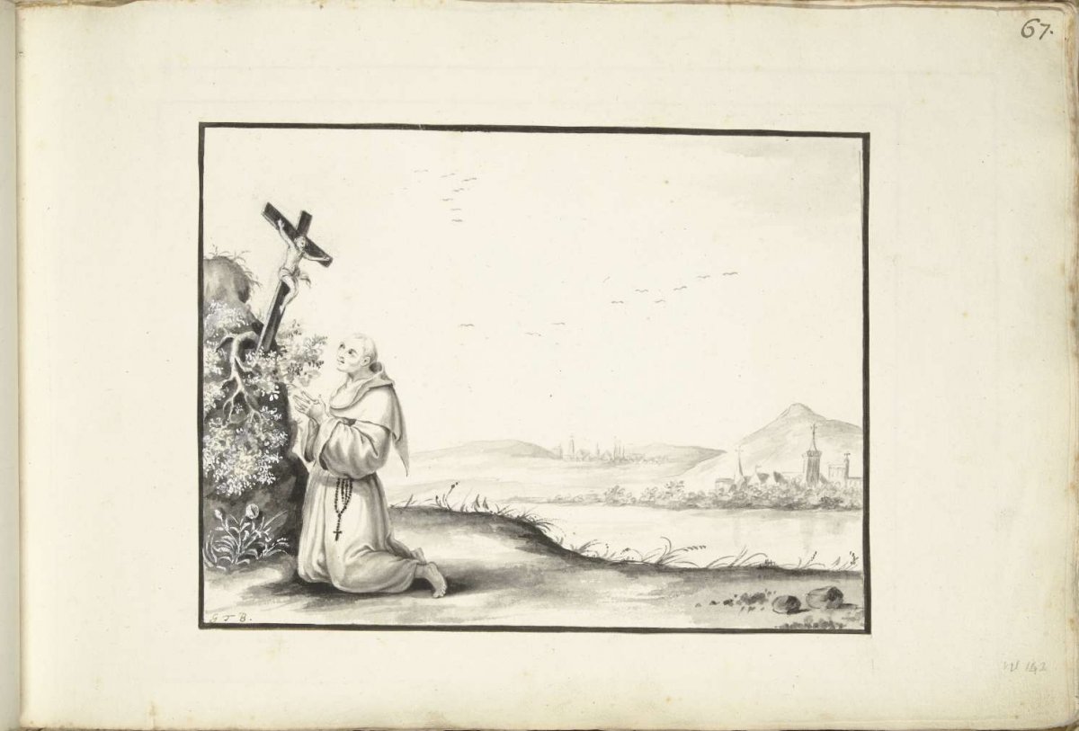 Monk praying before a crucifix by a river, Gesina ter Borch, 1643 - c. 1687