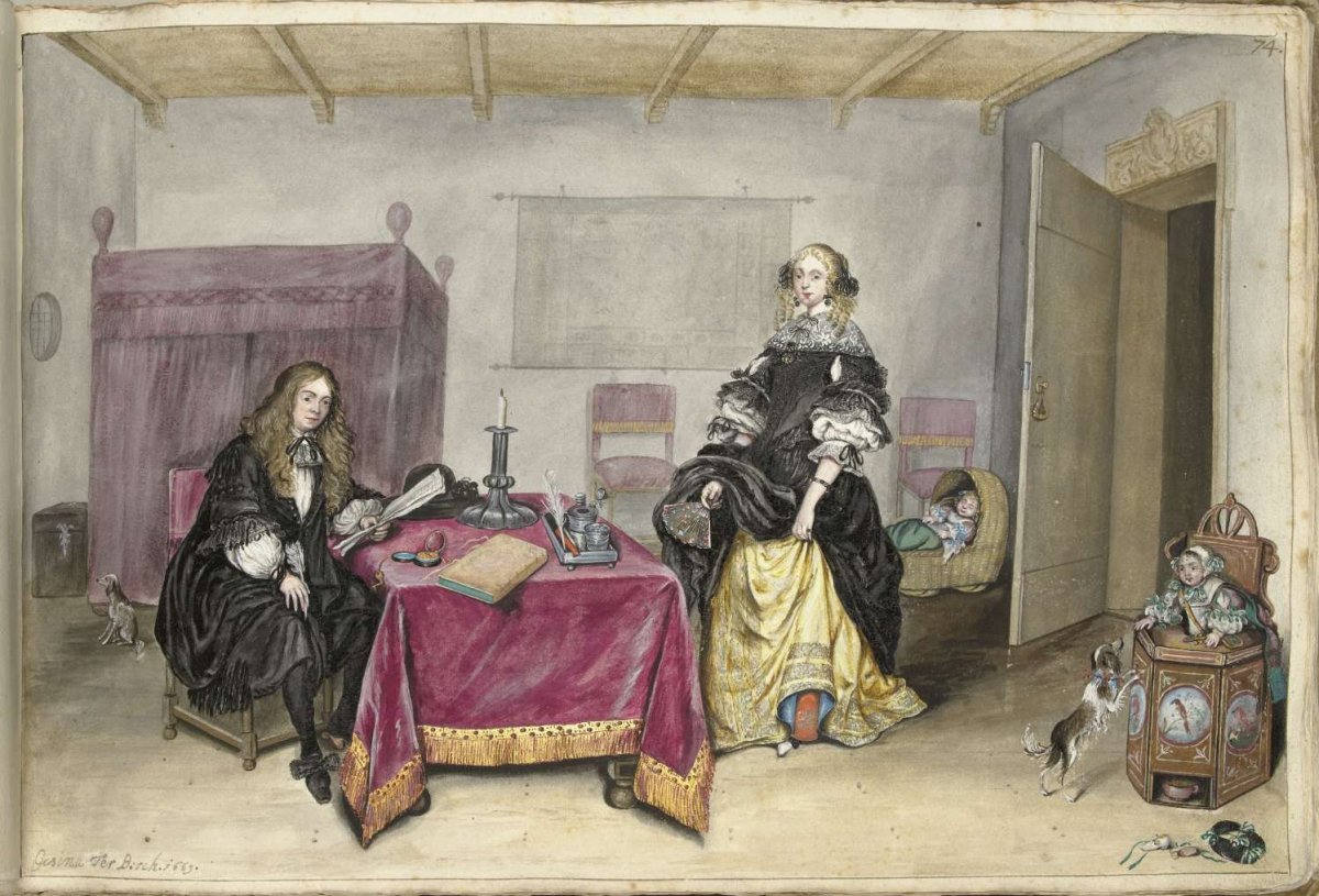 Sijbrant Schellinger and Jenneken ter Borch with two children in an interior, Gesina ter Borch, 1669