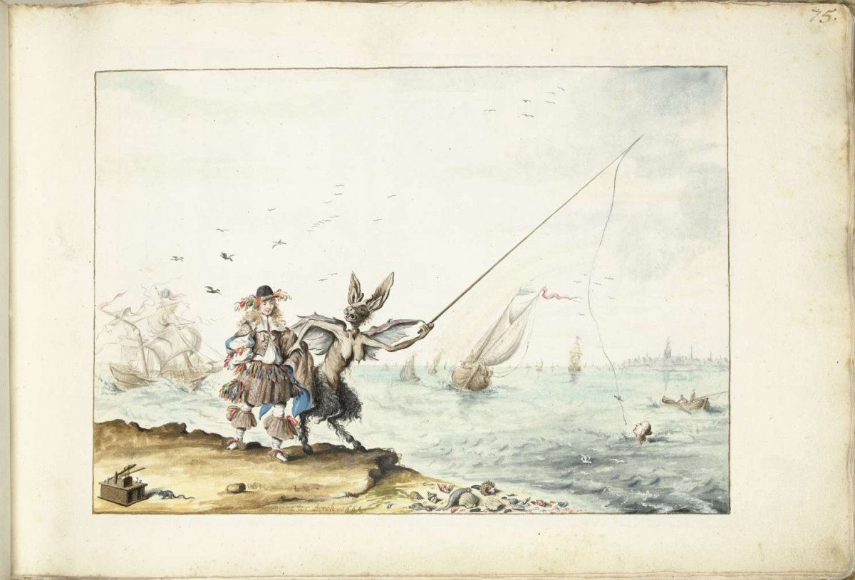 A gentleman (Moses?) is tempted by a devil fishing for a woman, Gesina ter Borch, 1664