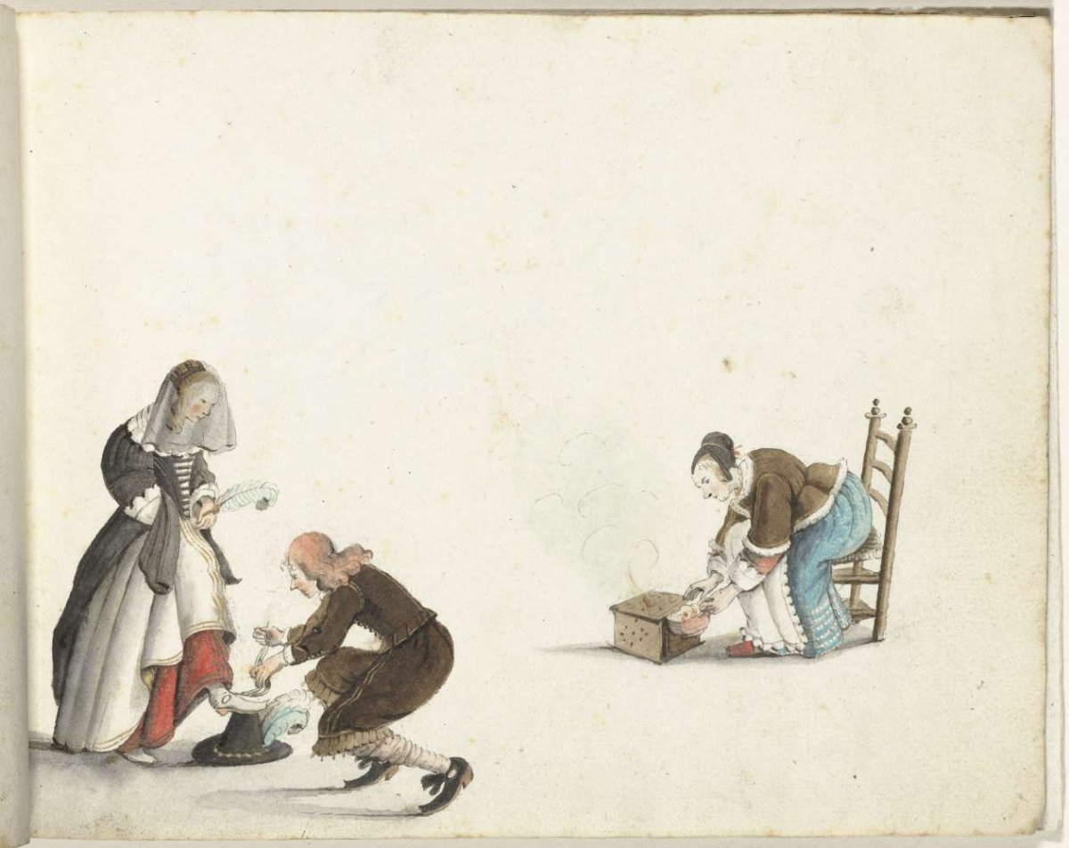 Lord ties a lady's shoe and a woman puts fire in a stove, Gesina ter Borch, c. 1650