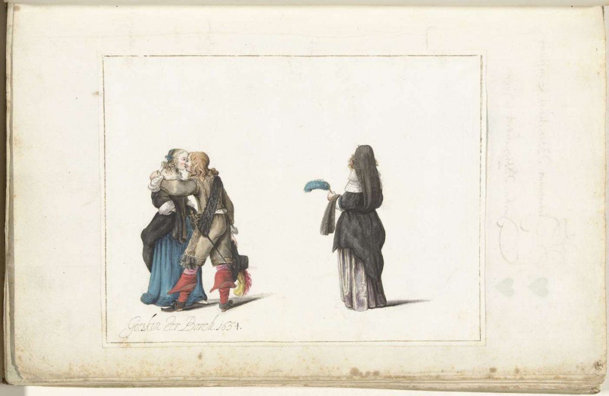 Lord and lady kissing and a woman from behind, Gesina ter Borch, 1654