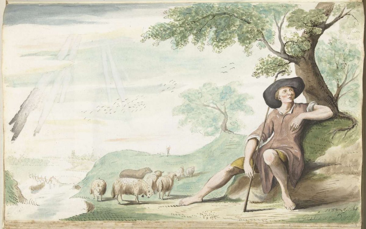 Shepherd resting under a tree by his flock, Gesina ter Borch, 1654