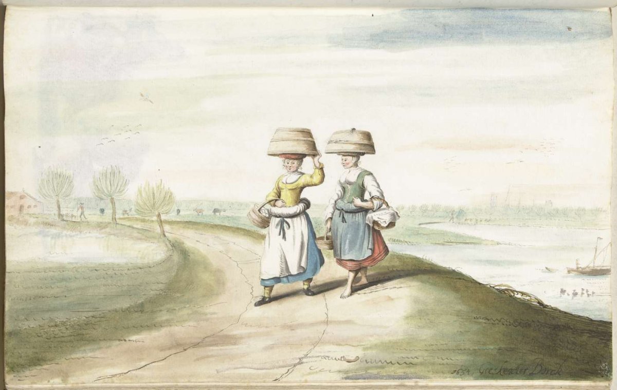 Two peasant women walking in a landscape, Gesina ter Borch, 1654