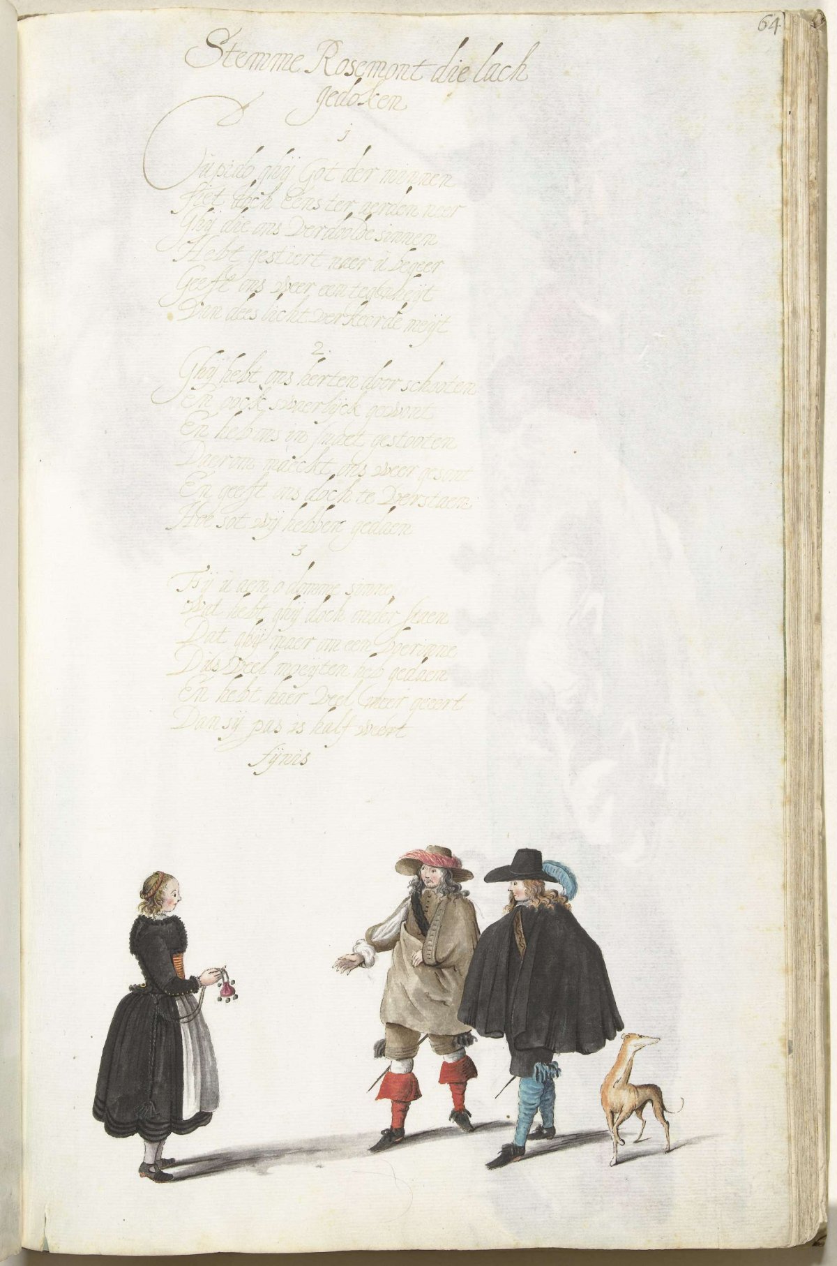 Two gentlemen and a peasant girl, Gesina ter Borch, c. 1654