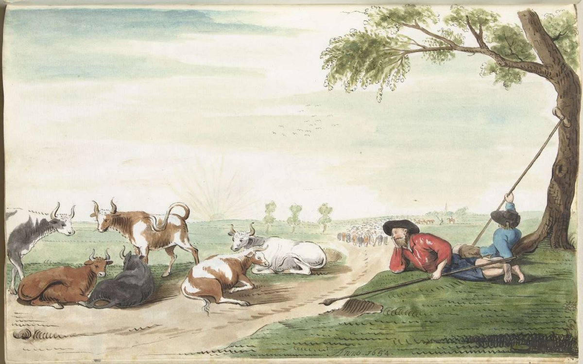 Two cowherds at sunrise or sunset, Gesina ter Borch, 1654