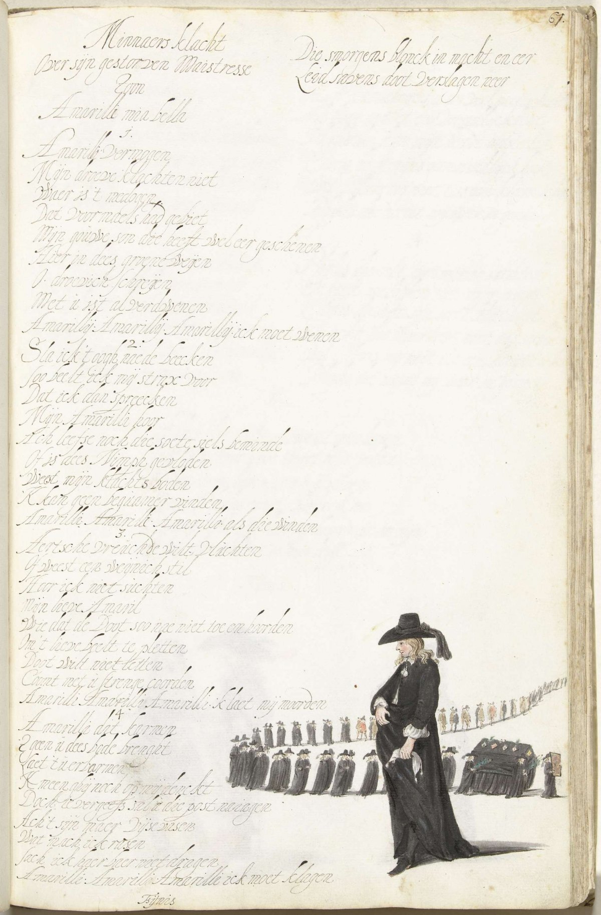 Mourning gentleman with a funeral procession behind him, Gesina ter Borch, c. 1654