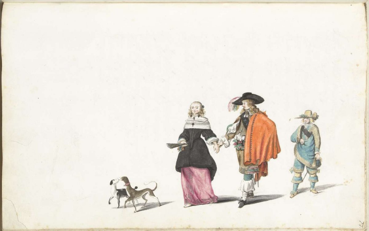 Couple walking hand in hand followed by a young man, Gesina ter Borch, c. 1654 - c. 1658