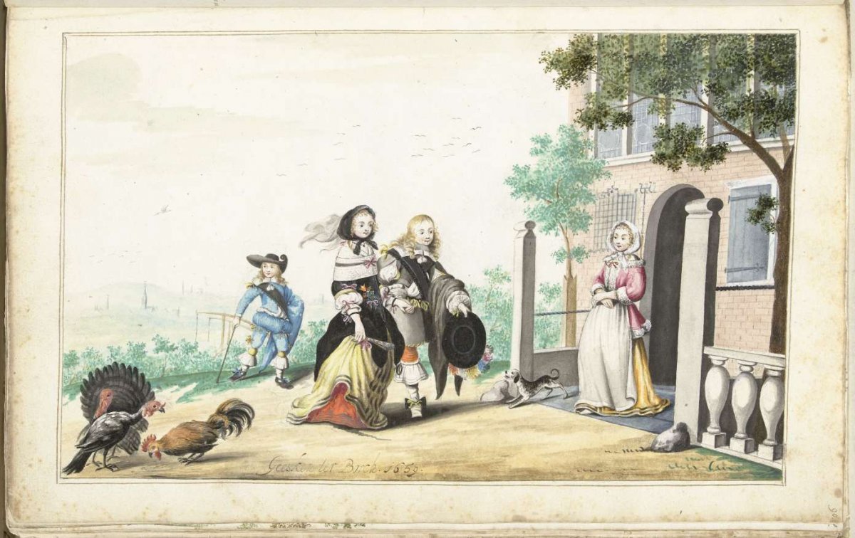 Couple greets a lady at the door of a country house, Gesina ter Borch, 1659